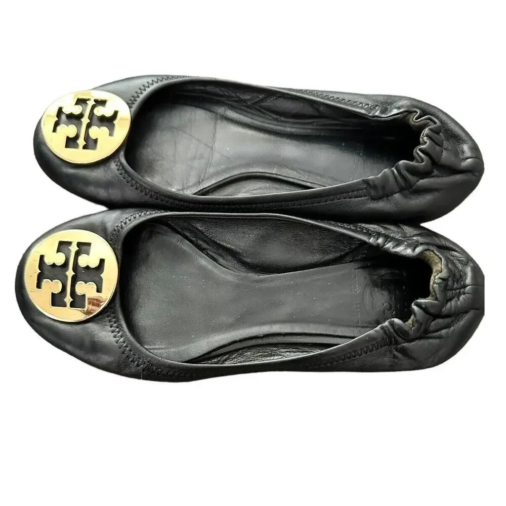 Tory Burch Reva Black Leather Gold Logo Medallion Ballet Flats Size 7 - Picture 6 of 12